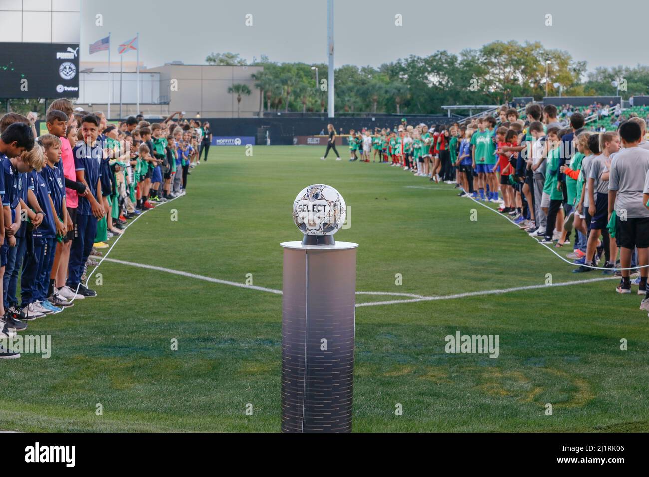 St. Petersburg, FL USA: The entrance of the pitch had youth soccer teams and the game ball during a USL soccer game between the Tampa Bay Rowdies and Stock Photo
