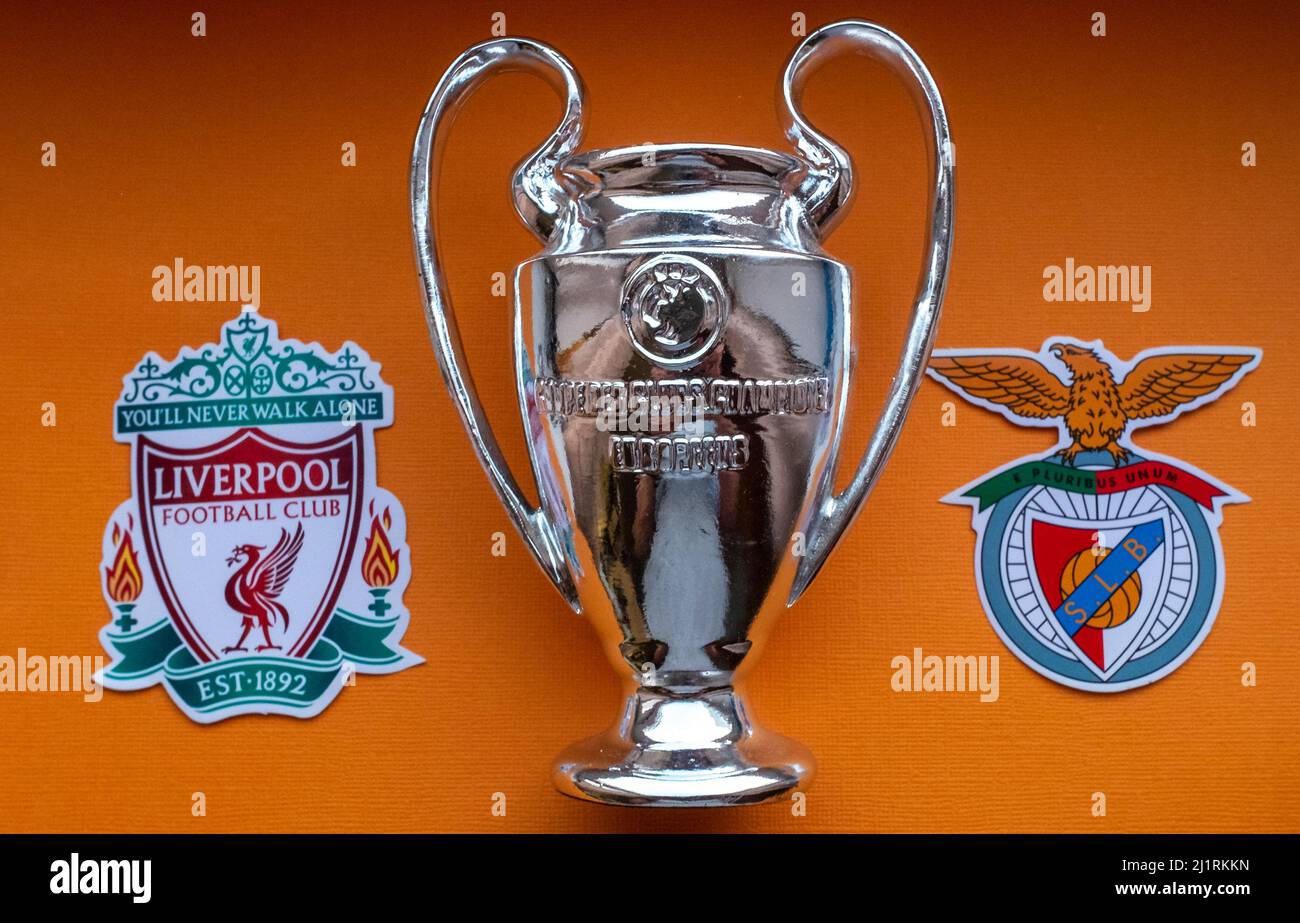 March 18, 2022 Saint Denis, France. Emblems of football clubs participating in the UEFA Champions League quarter-finals S.L. Benfica and Liverpool F.C Stock Photo