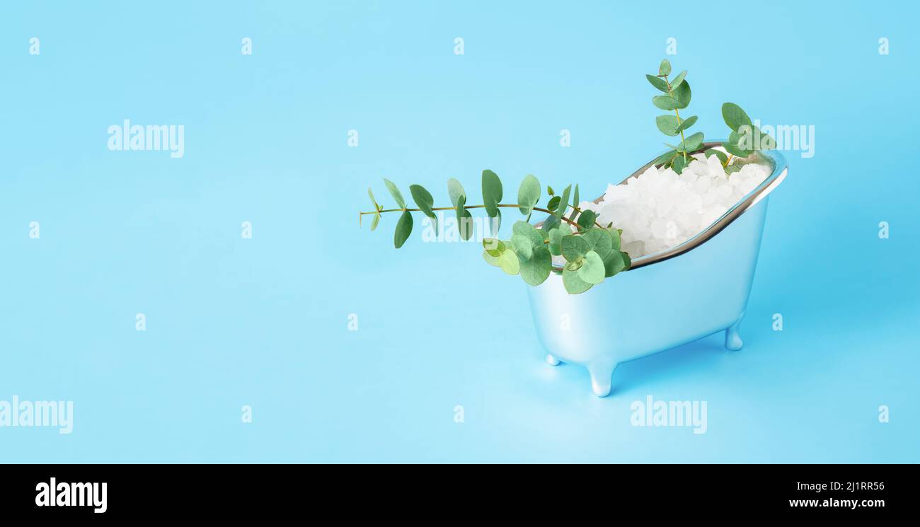White bath salt and twigs of fresh eucalyptus in a small bathtub on a blue background. SPA, body care concept. Copy space for text, banner Stock Photo