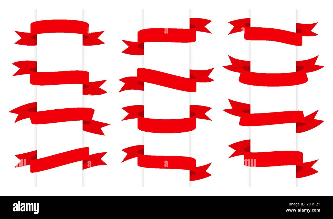 Red ribbon flat set. Ribbons around blank white paper. Banner card