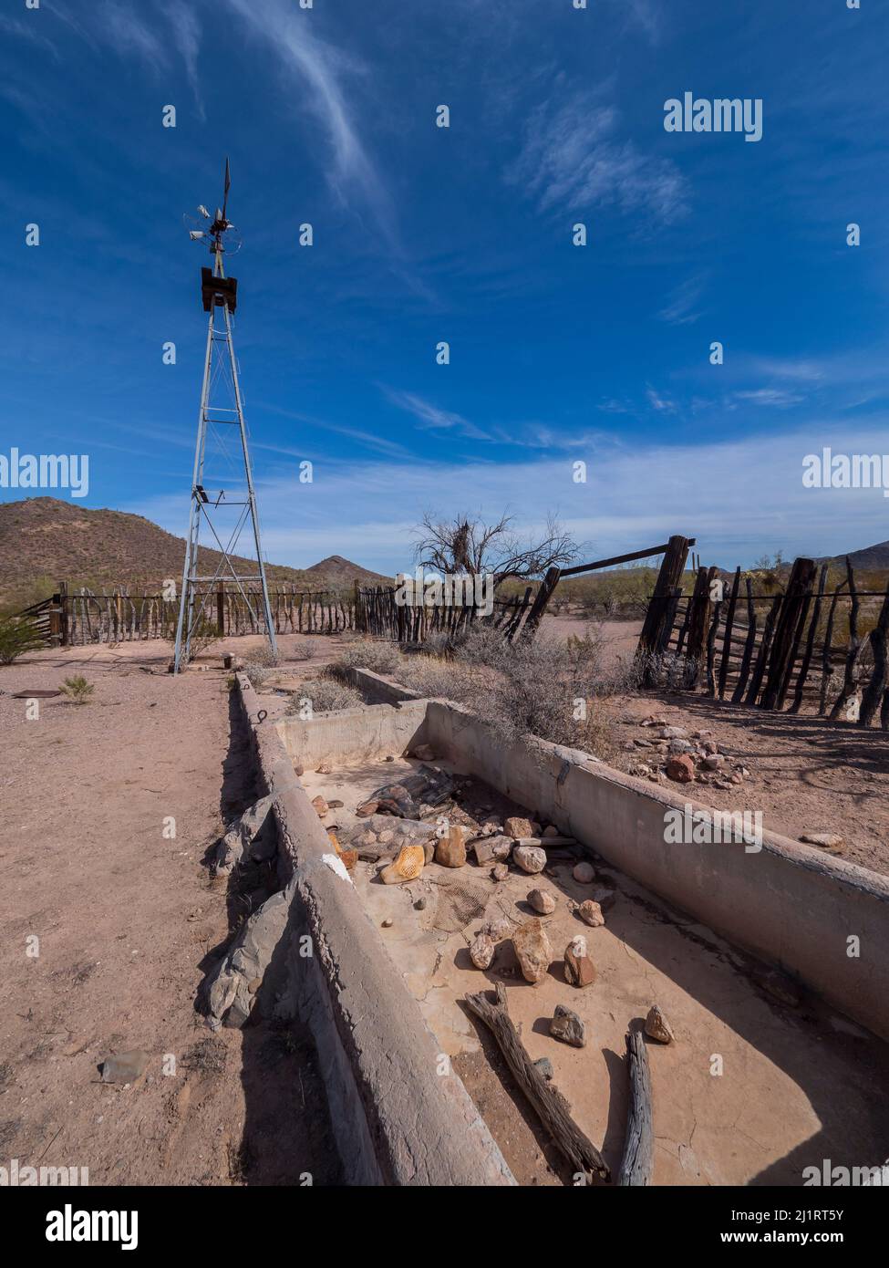 Windmill, Pozo Nuevo line camp, Pozo Nuevo Road, Organ Pipe Cactus National Monument, Arizona. Stock Photo