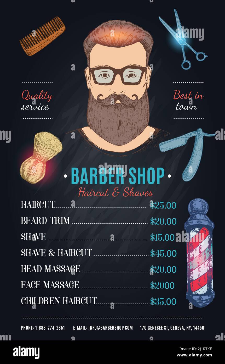 Barber shop hipster style poster with male face price list working tools on  black background vector illustration Stock Vector Image & Art - Alamy