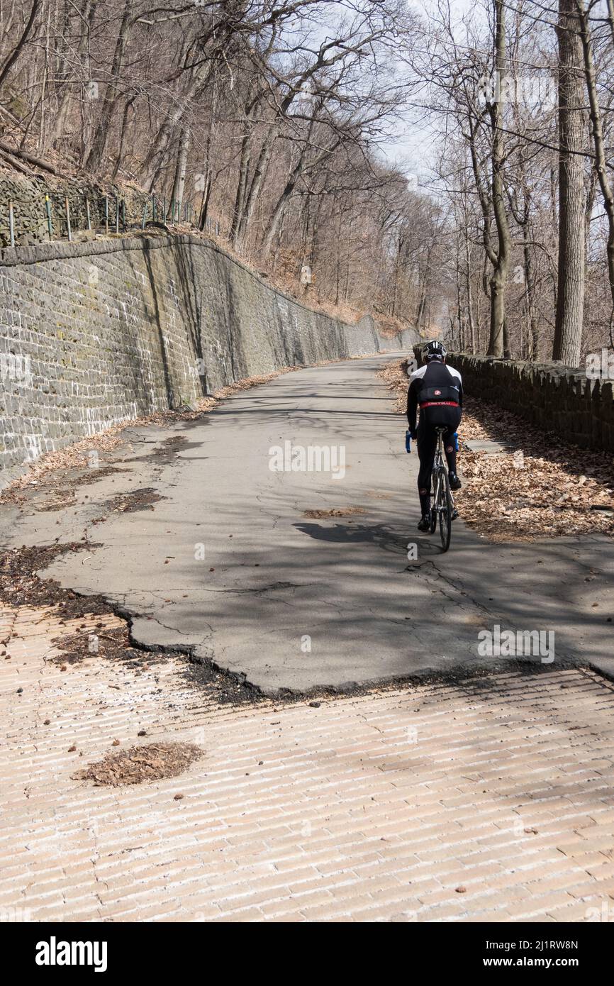 Adult male bicyclist (riding bicycle) along the Hudson Henry Drive in the Palisades Interstate Park, NJ Stock Photo