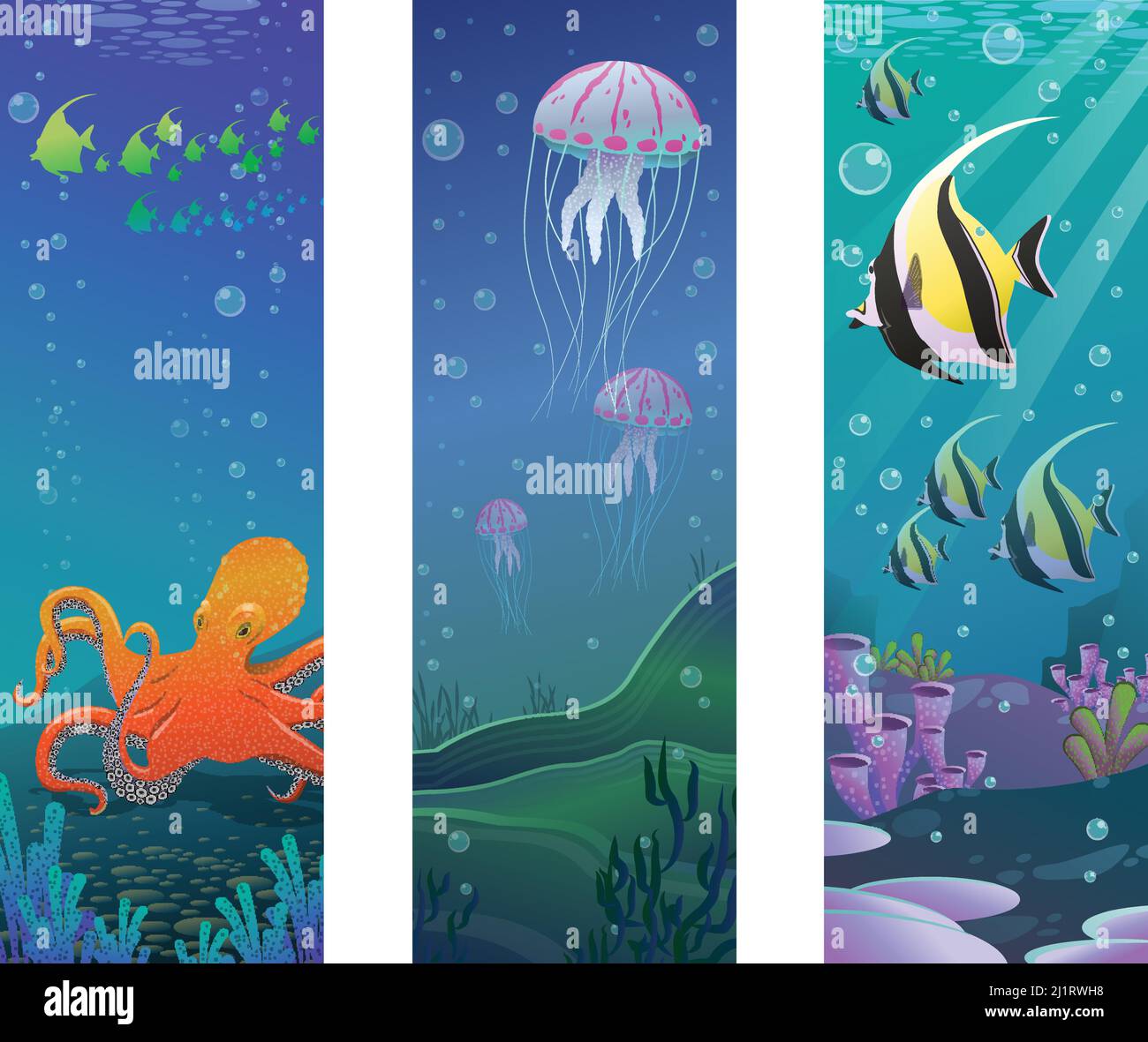 Cartoon underwater sea animals vertical banners with discus fishes ...