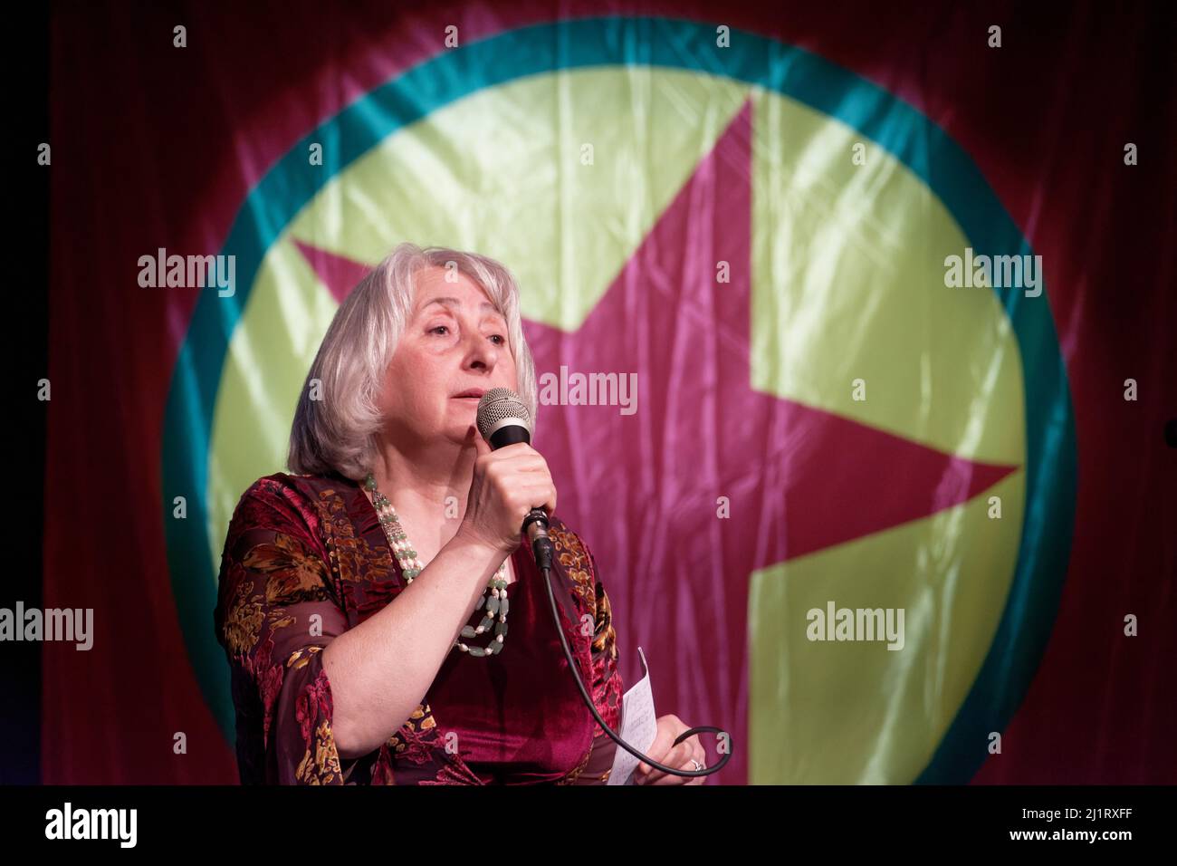 Turin, Italy. 27th Mar, 2022. HDP (Peoples' Democratic Party) Member of Turkish Parliament Nursel Aydoğan speaks at the celebration of the Newroz, the Kurdish New Year. Credit: MLBARIONA/Alamy Live News Stock Photo