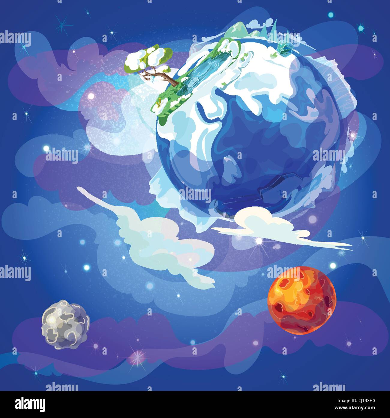 Cartoon Earth planet in space template with winter nature landscape Mars and moon on blue cosmic background vector illustration Stock Vector