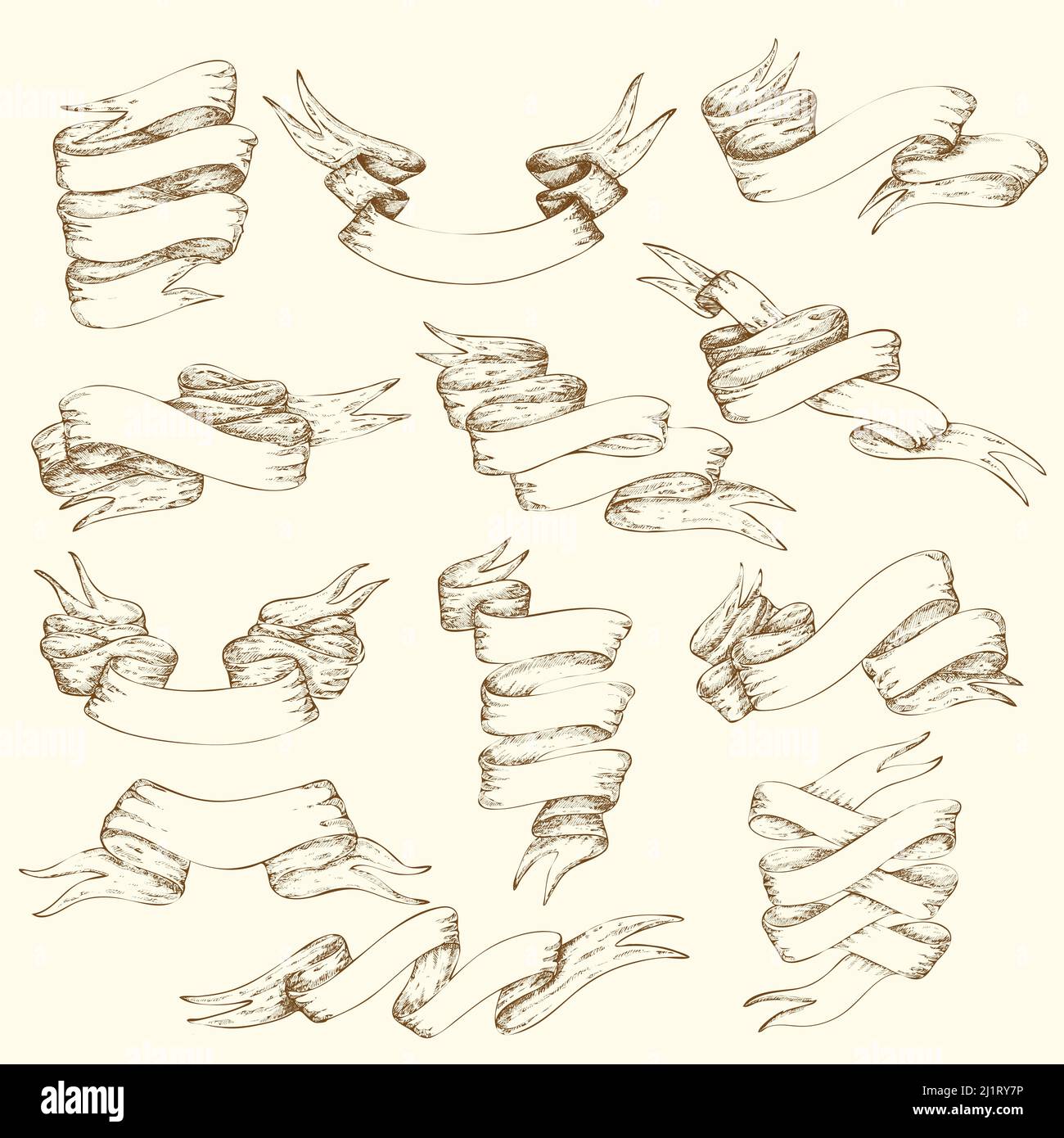 Vintage ribbon collection of different shapes and forms in hand drawn ...