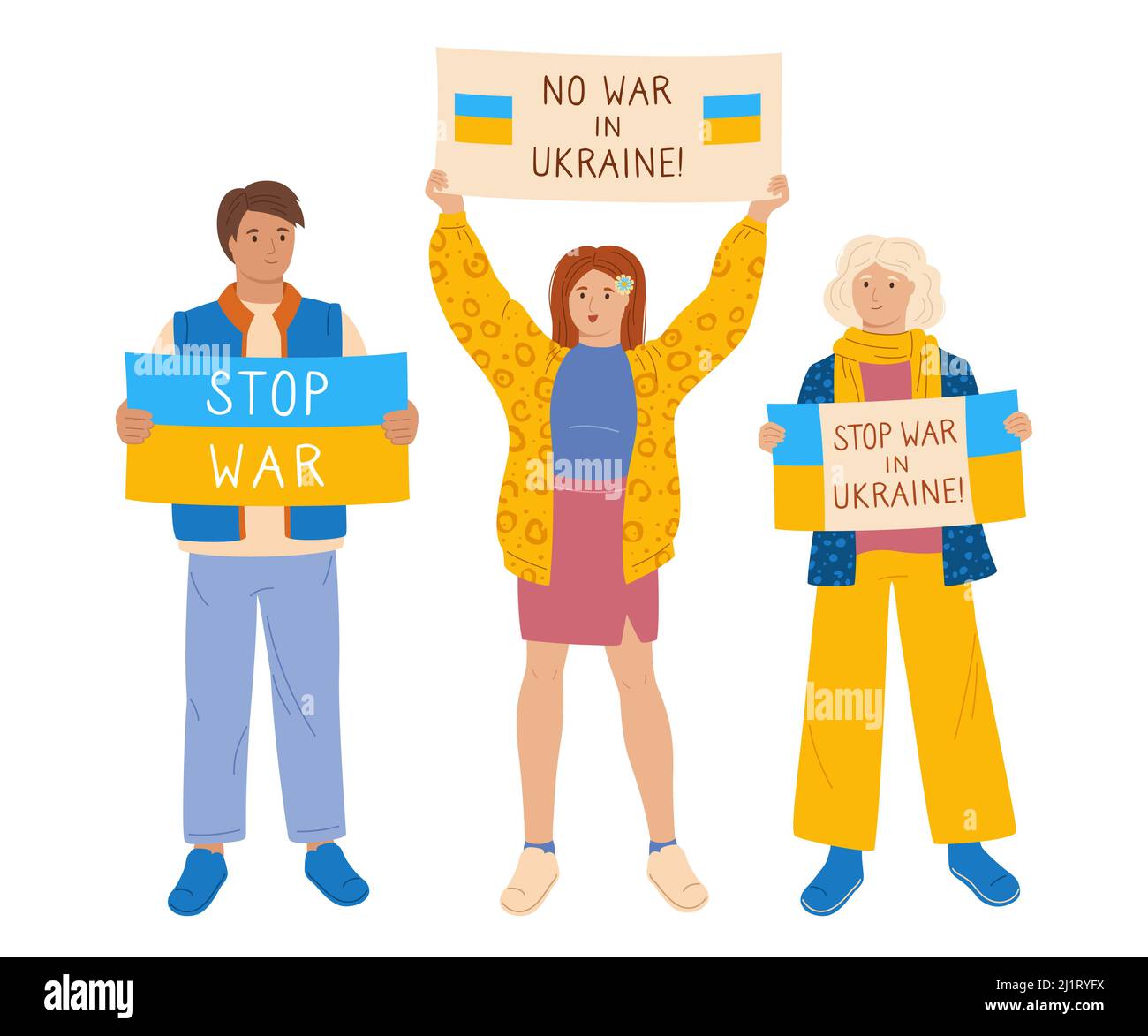 Stop war in Ukraine rally. People hold banner and poster no war. Young men and women together take part political meeting. Protest, parade against warfare set. Flat design illustration Stock Vector