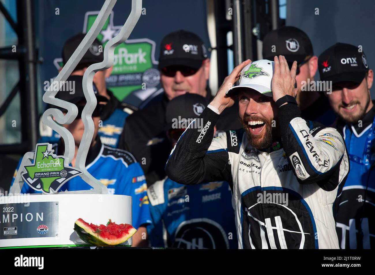 The Americas. 27th Mar, 2022. Ross Chastain (1) NASCAR Cup Series driver with TrackHouse Racing Chevrolet, celebrates the win at EchoPark Automotive Grand Prix, Circuit of The Americas
