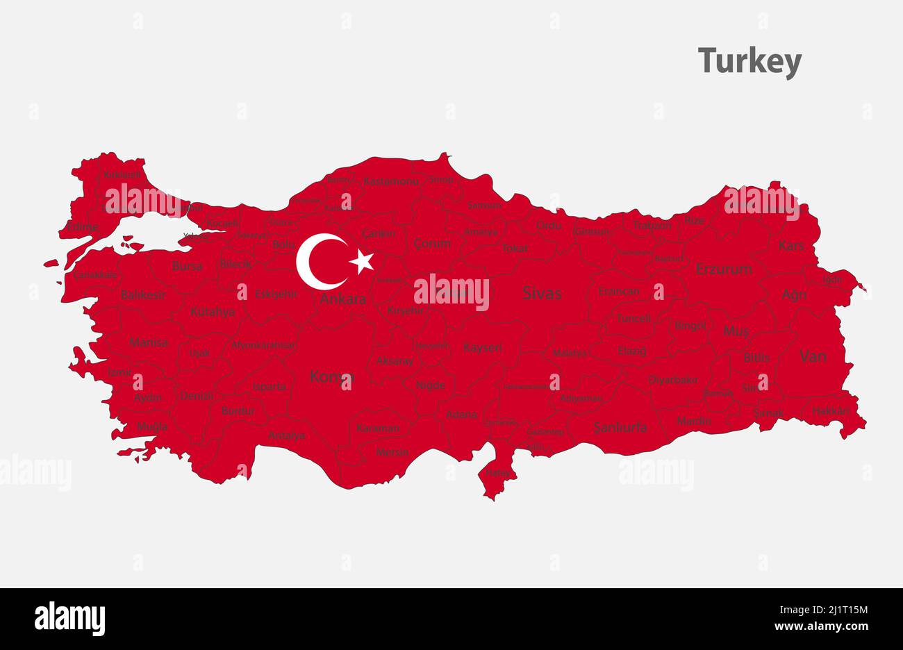 Map of the Turkey in the colors of the flag, administrative divisions