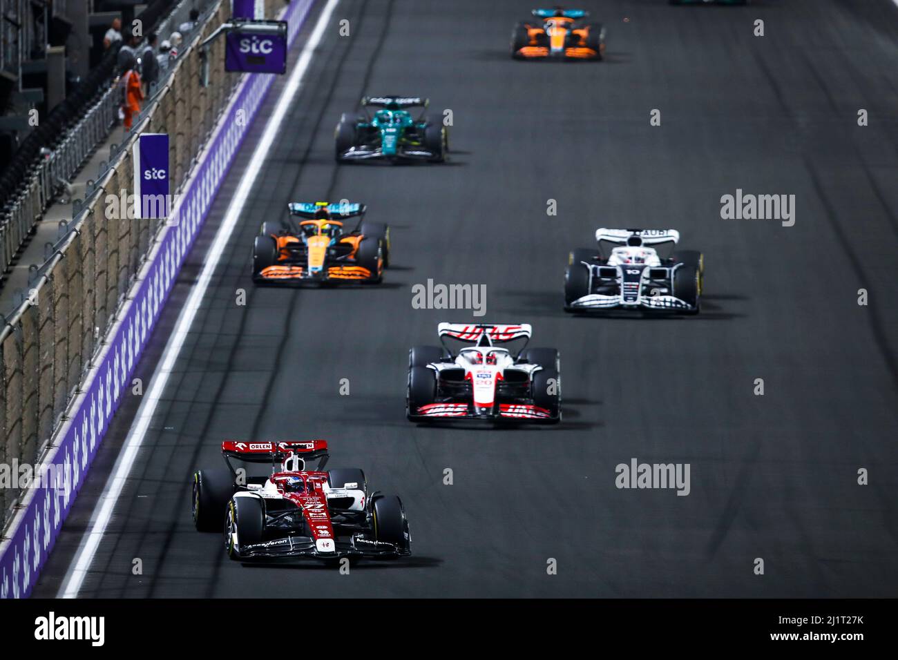 Jeddah, Saudi Arabia. 28th Mar, 2022.  Drivers compete during the 2022 Saudi Arabian Grand Prix at Jeddah Corniche Circuit in Jeddah, Saudi Arabia on March 27, 2022. (DPPI/Handout via Xinhua) Credit: Xinhua/Alamy Live News Stock Photo