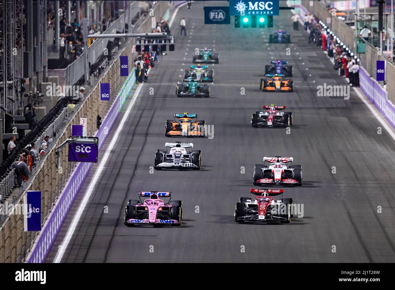 Jeddah, Saudi Arabia. 28th Mar, 2022.  Drivers compete during the 2022 Saudi Arabian Grand Prix at Jeddah Corniche Circuit in Jeddah, Saudi Arabia on March 27, 2022. (DPPI/Handout via Xinhua) Credit: Xinhua/Alamy Live News Stock Photo