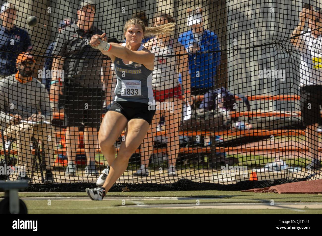 Texas State’s Alyssa Wilson throws the hammer during the 94th Clyde Littlefield Texas Relays