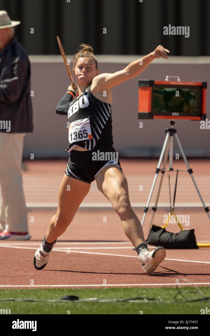 Houston Baptist’s Kaitlin Smith throws the javelin in the heptathlon