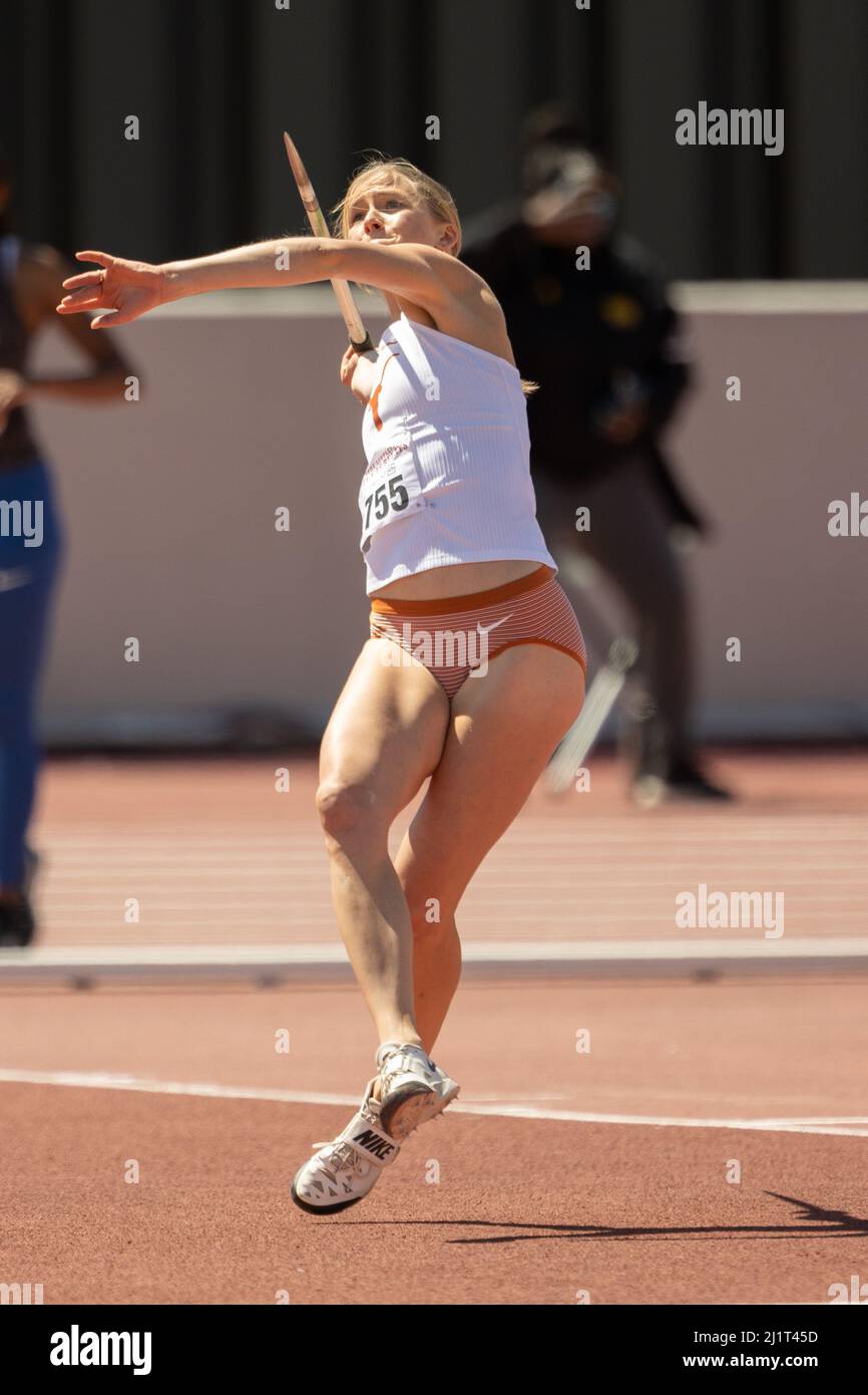 Texas’ Kristine Blazevica throws the javelin in the heptathlon during the 94th Clyde Littlefield Texas Relays, Thursday, March 24, 2022, in Austin, Te Stock Photo