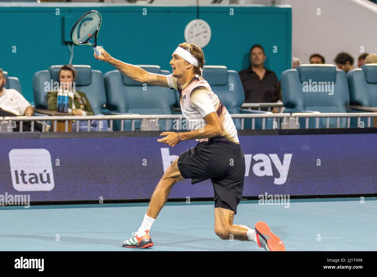 Miami Gardens, FL, USA. 27th March 2022. Mackenzie McDonald (USA) vs Alexander Zverev (GER) during the world tennis tournament at the 2022 Miami Open powered by Itau. Score: 2-6, 2-6. Winner: Alexander Zverev (GER). Credit: Yaroslav Sabitov/YES Market Media/Alamy Live News. Stock Photo