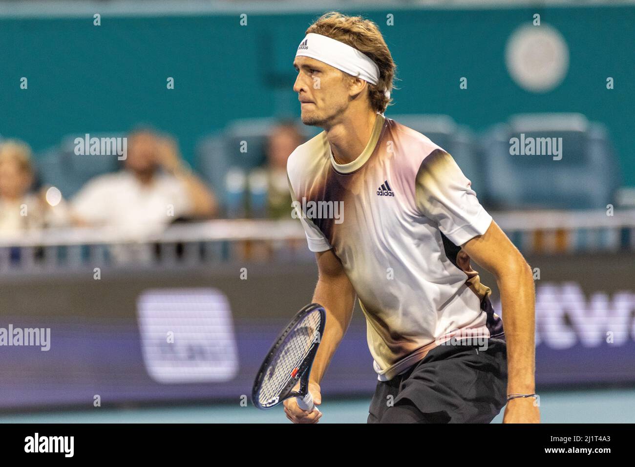 Miami Gardens, FL, USA. 27th March 2022. Mackenzie McDonald (USA) vs Alexander Zverev (GER) during the world tennis tournament at the 2022 Miami Open powered by Itau. Score: 2-6, 2-6. Winner: Alexander Zverev (GER). Credit: Yaroslav Sabitov/YES Market Media/Alamy Live News. Stock Photo