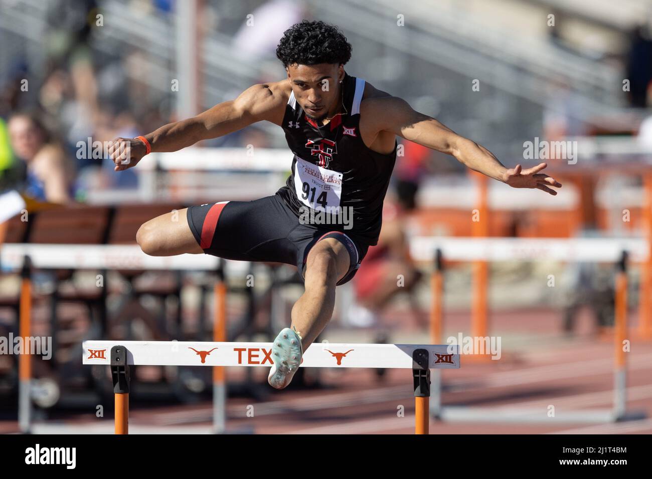 Texas Tech’s Malik Metivier runs the 400 hurdles during the 94th Clyde Littlefield Texas Relays