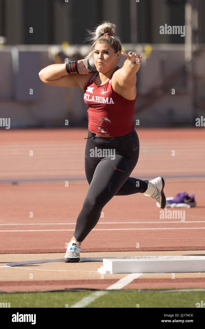 Oklahoma’s Abby Moore in the shot put during the 94th Clyde Littlefield
