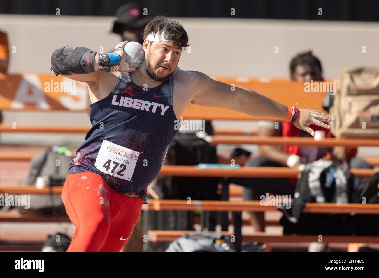 Liberty’s Jose Ballivian prepares to throw the shot during the 94th Clyde Littlefield Texas
