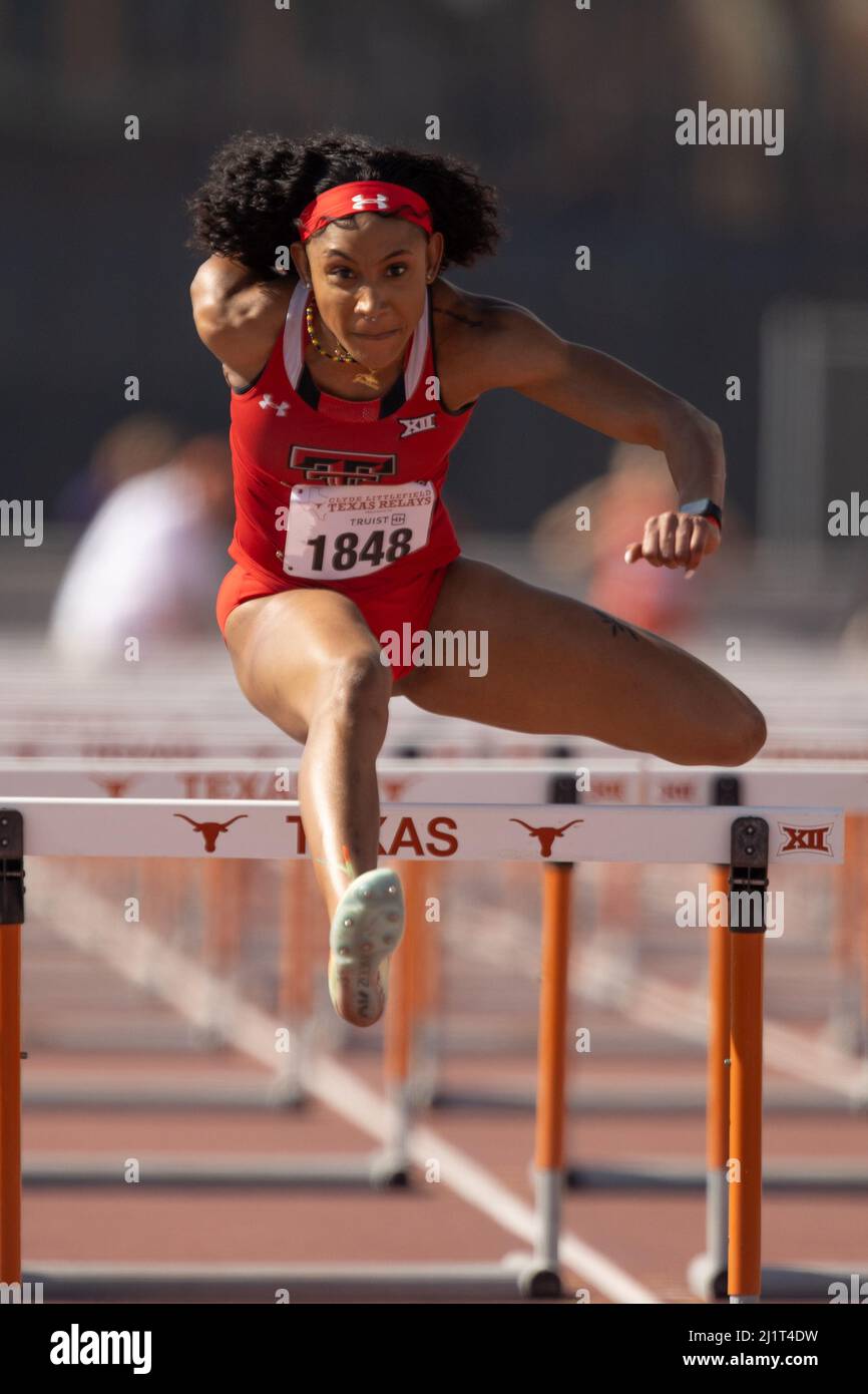 Texas Tech’s Demisha Roswell runs the 100 hurdles during the 94th Clyde