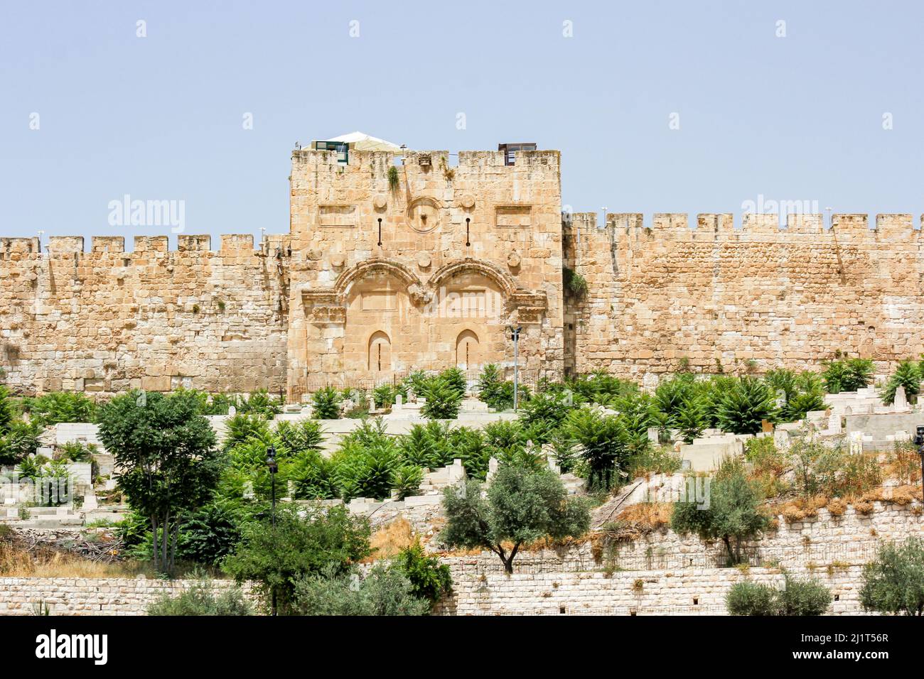 The sealed Golden Gate, or the Gate of Mercy, in the ancient walls of the historic old city of Jerusalem once provided access to the temple mount. Stock Photo