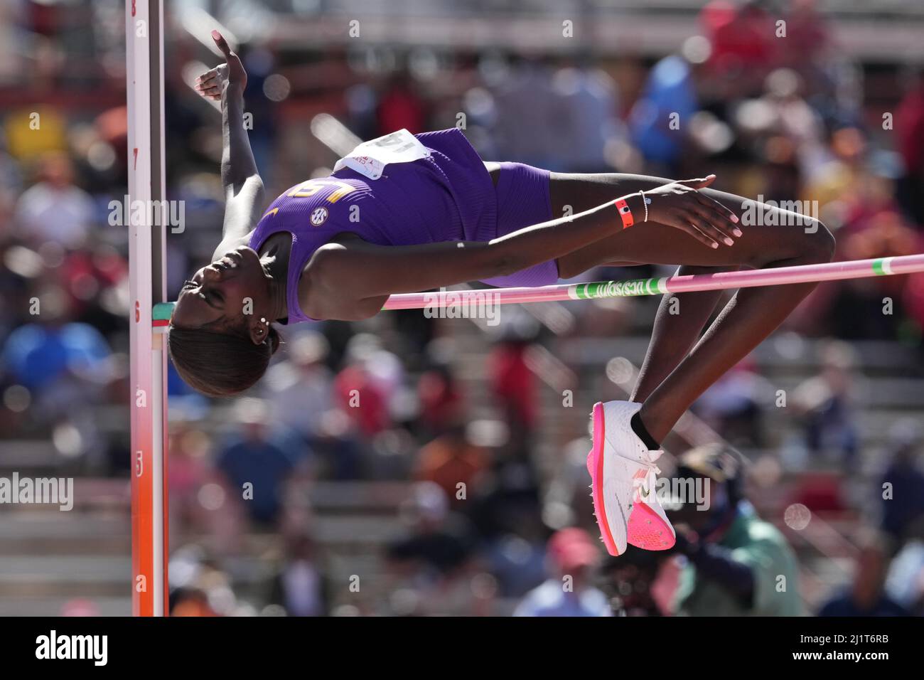 Nyagoa Bayak of LSU places second in the women's high jump at 5-11 1/2 (1.82m) during the 94th Clyde Littlefield Texas Relays, Saturday, Mar. 26, 2022 Stock Photo