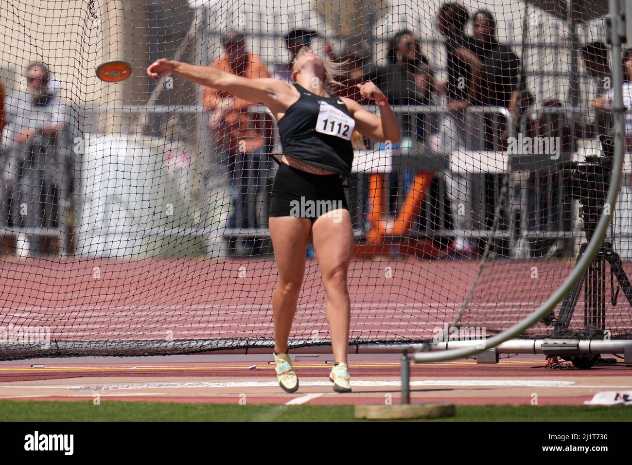 Anni Brandenburg of Abilene Christian places second in the women's discus with a throw of 187-11 (57.29m) during the 94th Clyde Littlefield Texas Rela Stock Photo