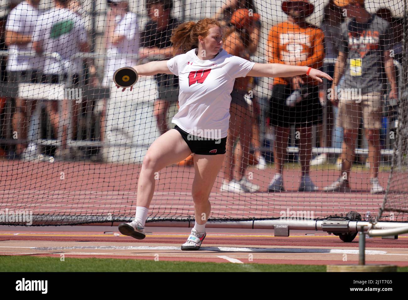 Josie Schaefer of Wisconsin places sixth in the women's discus at 174-4 (53.13m) during the 94th Clyde Littlefield Texas Relays, Saturday, Mar. 26, 20 Stock Photo