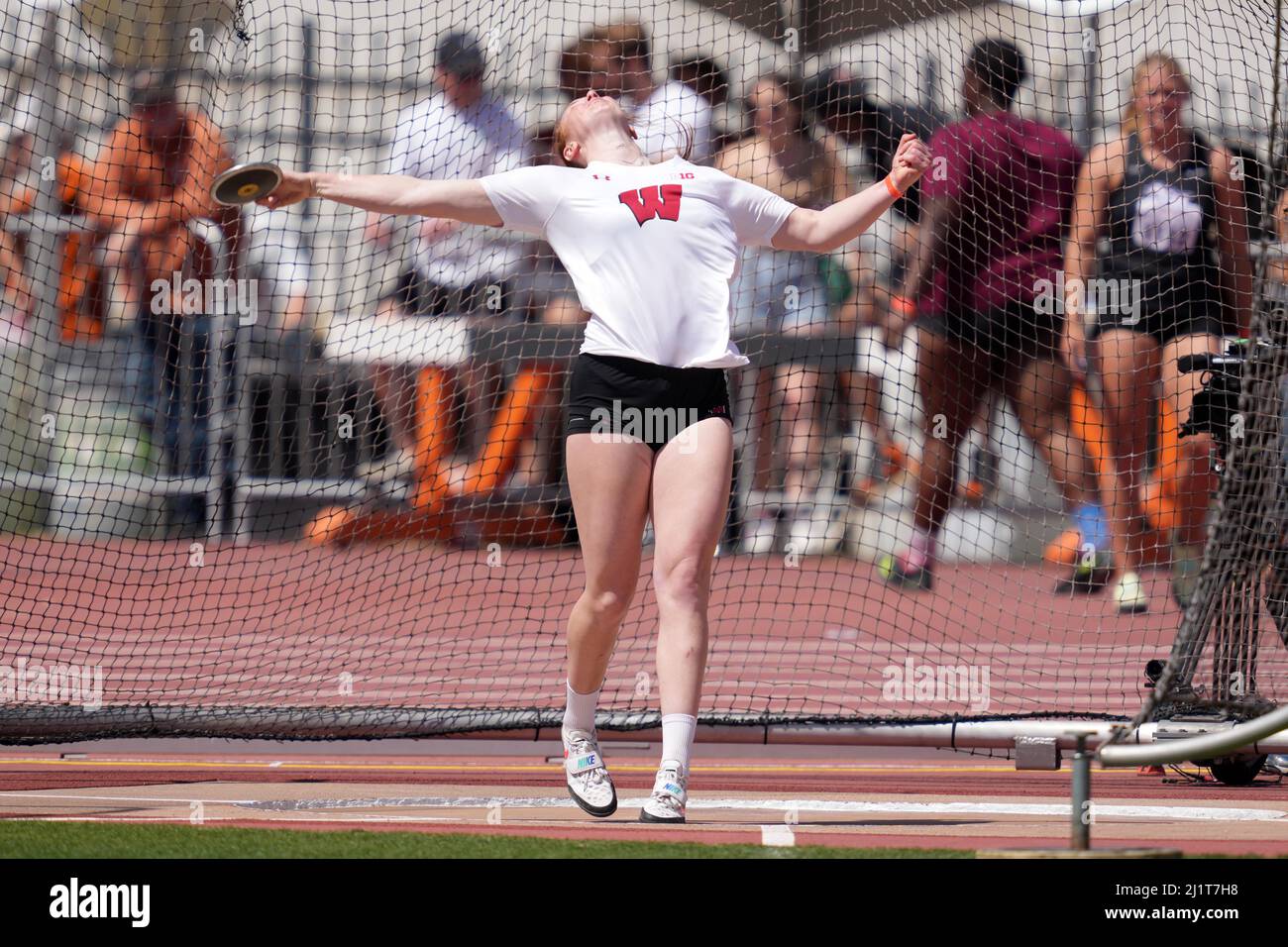 Josie Schaefer of Wisconsin places sixth in the women's discus at 174-4 (53.13m) during the 94th Clyde Littlefield Texas Relays, Saturday, Mar. 26, 20 Stock Photo