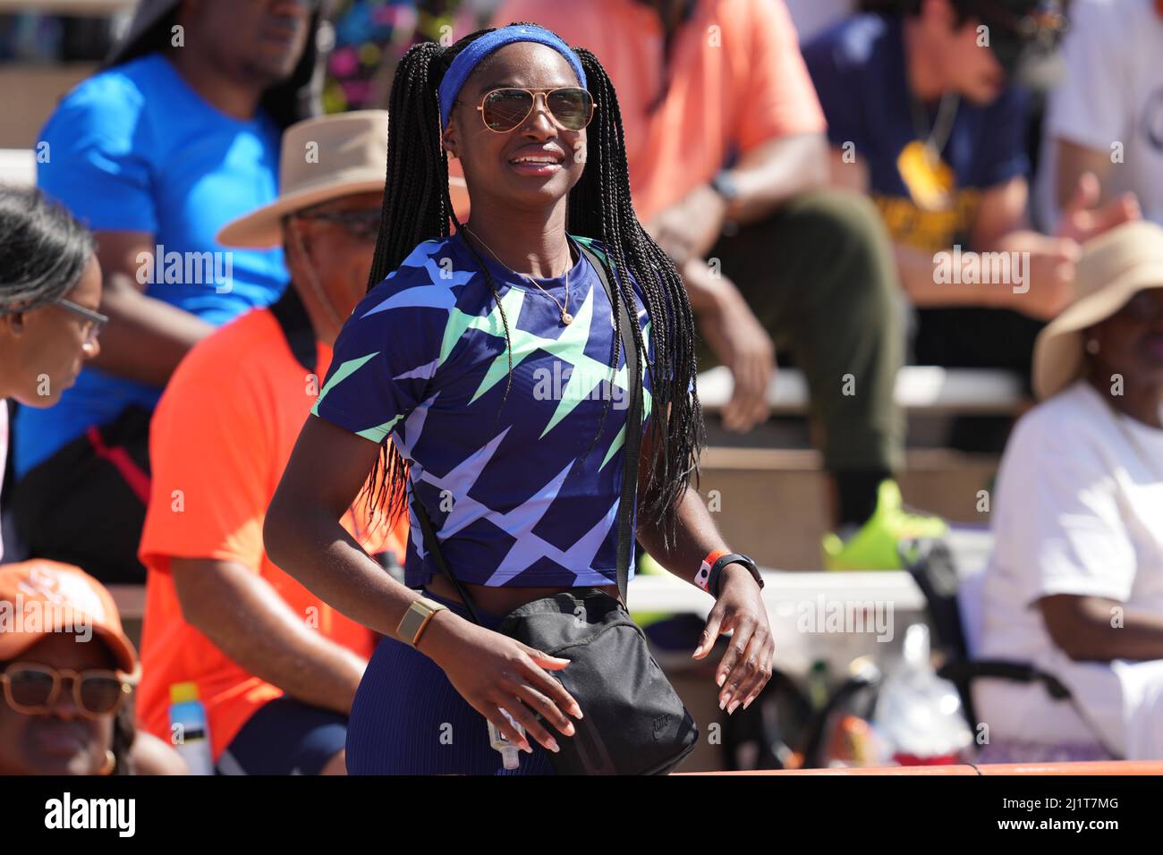 Twanisha Terry reacts during the 94th Clyde Littlefield Texas Relays