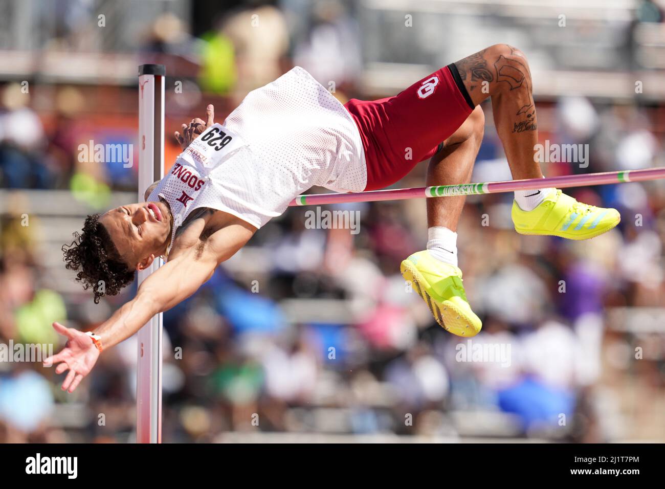 Vernon Turner of Oklahoma wins the high jump at 7-6 1/2 (2.30m) during the 94th Clyde Littlefield Texas Relays, Saturday, Mar. 26, 2022, in Austin, Te Stock Photo
