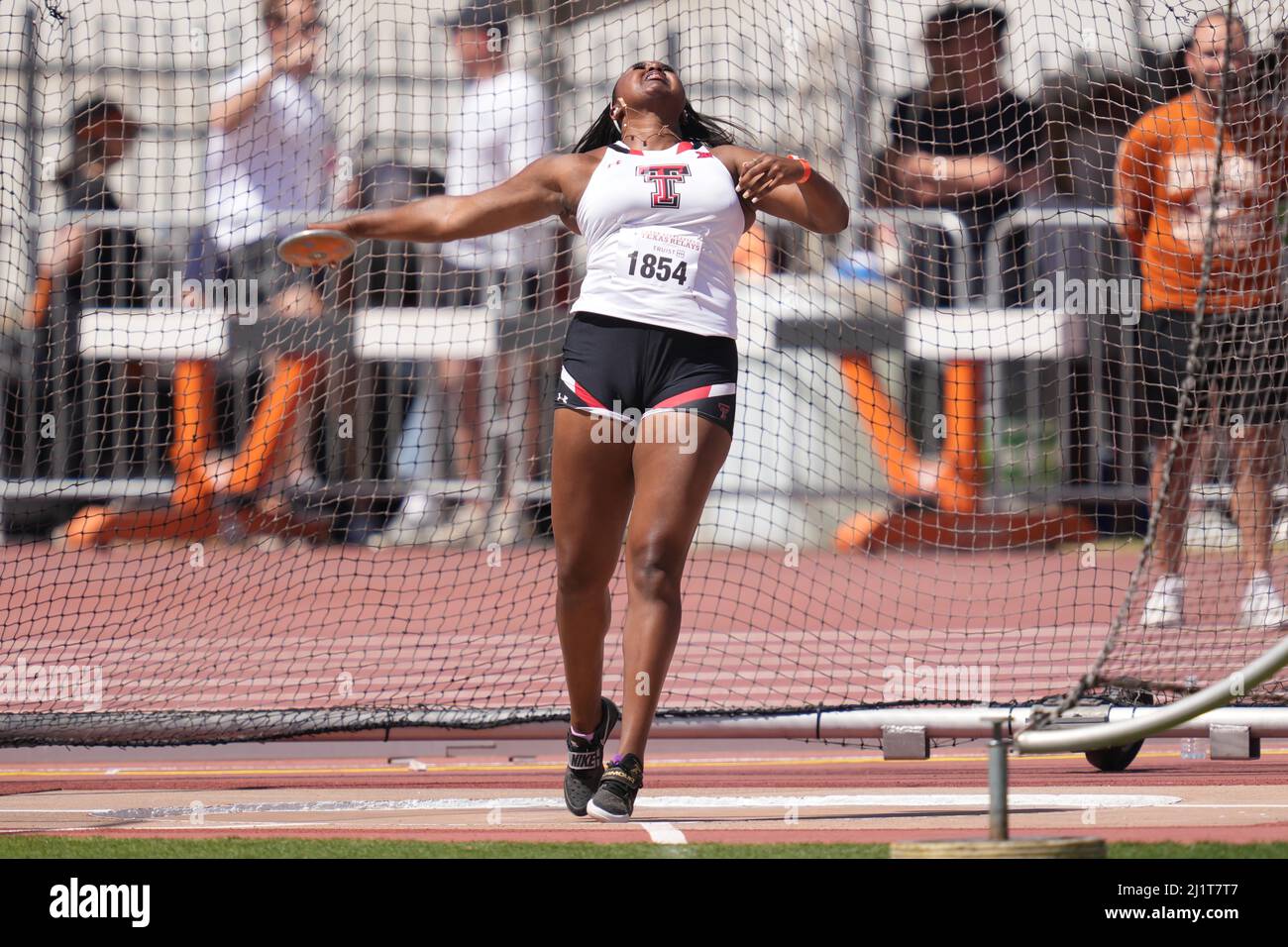 Seasons Usual of Texas Tech wins the women's discus with a throw of 190-7 (58.10m) during the 94th Clyde Littlefield Texas Relays, Saturday, Mar. 26, Stock Photo