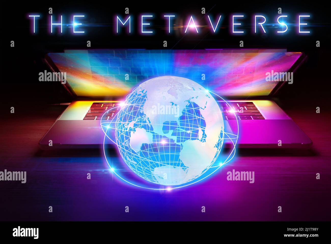 Metaverse Word With Color Laptop And 3D Virtual World Conceptual Graphic Art Stock Photo