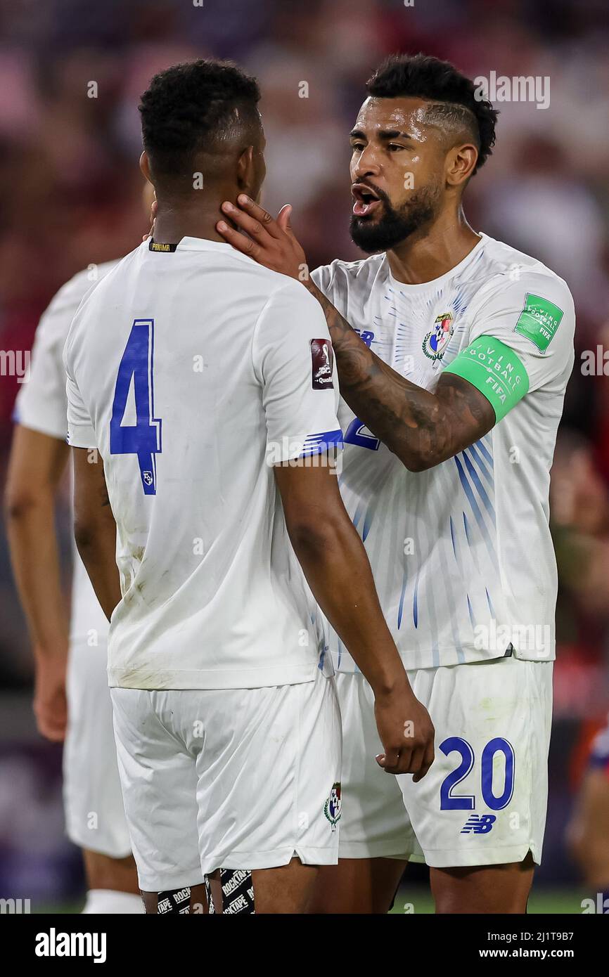 Orlando, Florida, USA. March 27, 2022: Panama midfielder ANIBAL GODOY (20) consoles Panama defender FIDEL ESCOBAR (4) after being scored on during the USMNT vs Panama Concacaf FIFA World Cup qualifying match at Exploria Stadium in Orlando, Fl on March 27, 2022. (Credit Image: © Cory Knowlton/ZUMA Press Wire) Credit: ZUMA Press, Inc./Alamy Live News Stock Photo