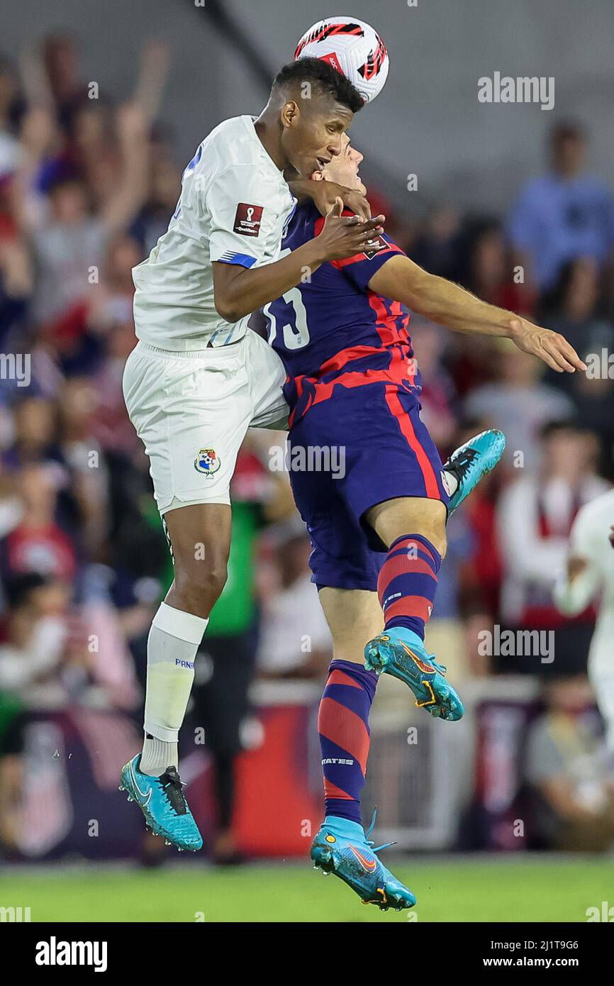 Orlando, Florida, USA. March 27, 2022: Panama defender FIDEL ESCOBAR (4) gets a header during the USMNT vs Panama Concacaf FIFA World Cup qualifying match at Exploria Stadium in Orlando, Fl on March 27, 2022. (Credit Image: © Cory Knowlton/ZUMA Press Wire) Credit: ZUMA Press, Inc./Alamy Live News Stock Photo