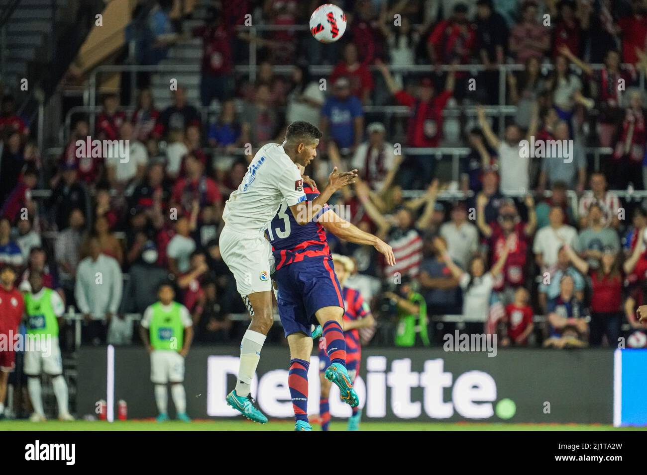 Orlando, Florida, March 27, 2022,  Panama defender Fidel Escobar #4 wins the header in the 2022 World Cup Qualifier at Exploria Stadium.  (Photo Credit:  Marty Jean-Louis) Credit: Marty Jean-Louis/Alamy Live News Stock Photo