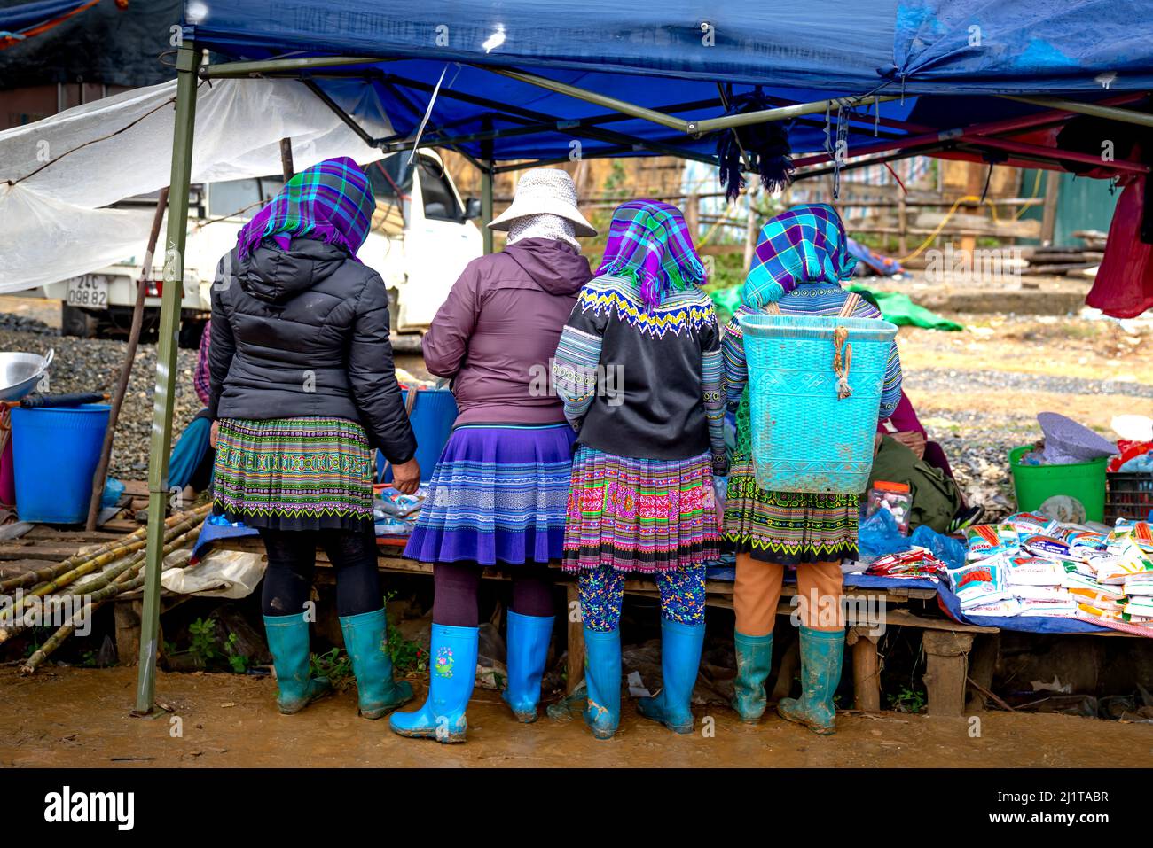 Can Cau Market, Bac Ha Town, Lao Cai Province, Vietnam - February 19, 2022: Scenes of buying and selling by ethnic minorities in Can Cau market, Bac H Stock Photo