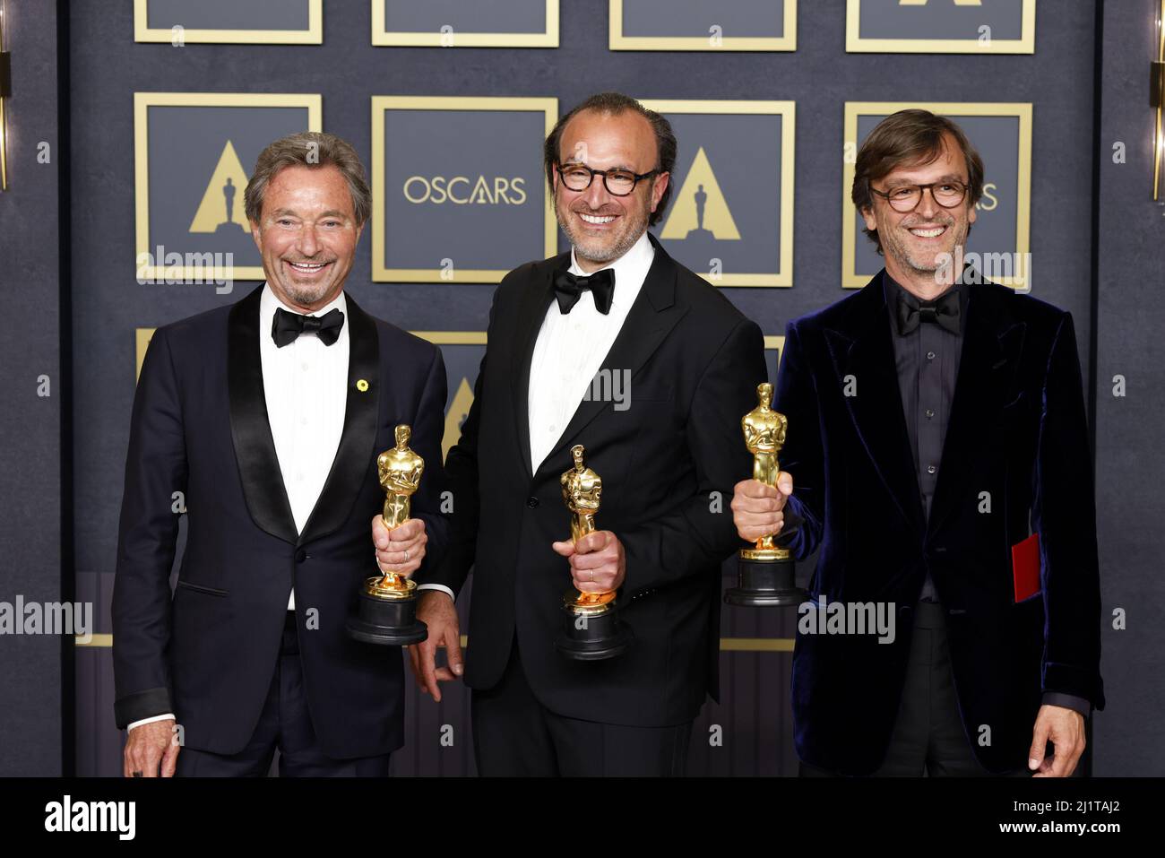Los Angeles, United States. 28th Mar, 2022. Patrick Wachsberger, Fabrice Gianfermi and Philippe Rousselet, winners of Best Picture for 'CODA,' appear backstage with their Oscar during the 94th annual Academy Awards at Loews Hollywood Hotel in the Hollywood section of Los Angeles, California on Sunday, March 27, 2022. Photo by John Angelillo/UPI. Credit: UPI/Alamy Live News Stock Photo