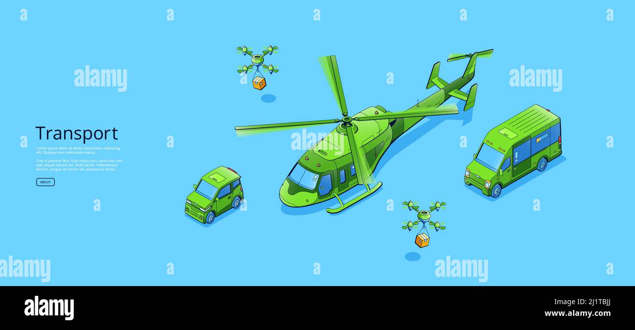 Transport poster with isometric helicopter, mini van, small car and delivery drones with boxes. Vector banner with illustration of copter, minibus, compact car and unmanned air robots shipping parcels Stock Vector