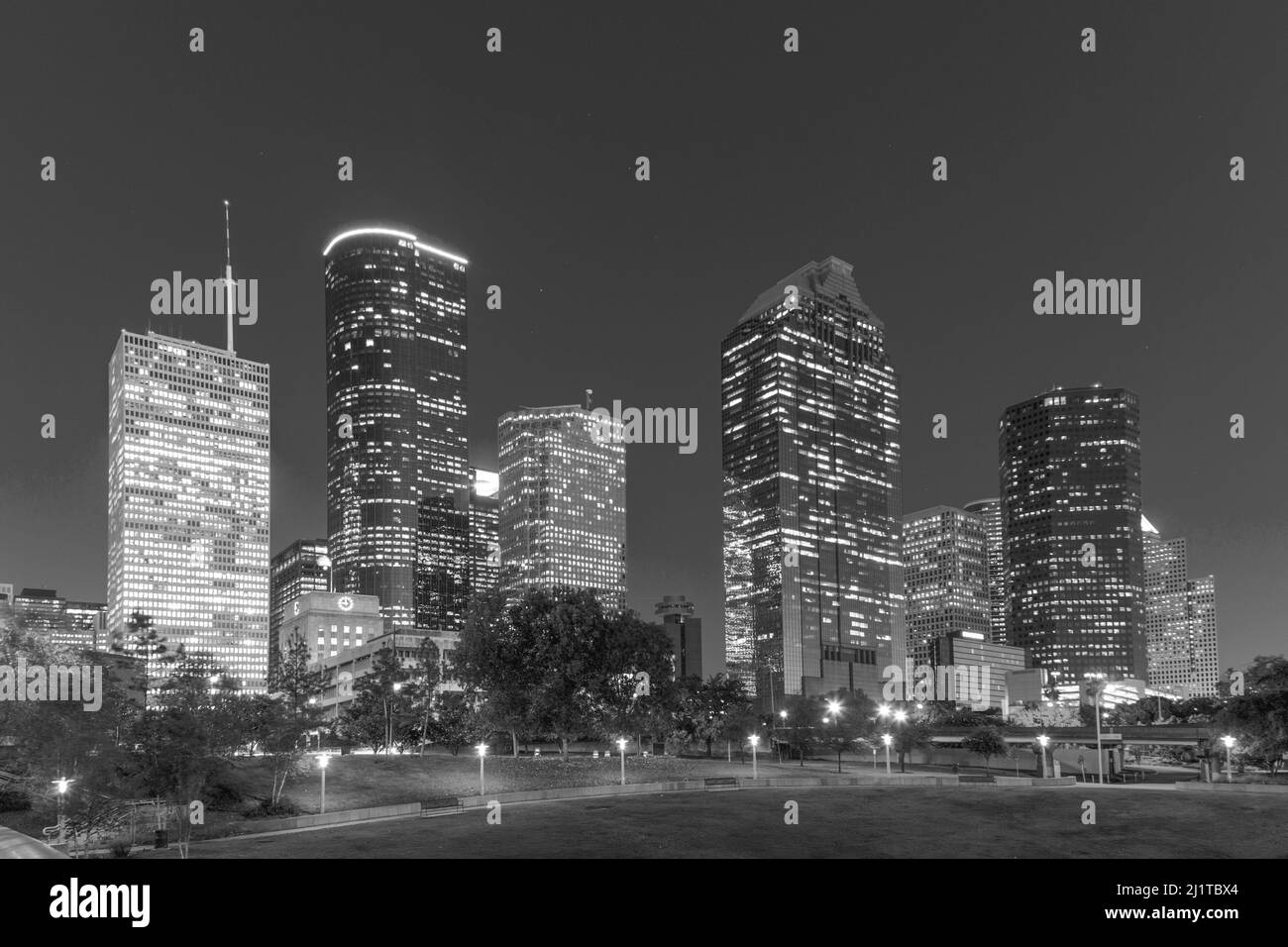 View on downtown Houston by night with skyscraper Stock Photo Alamy