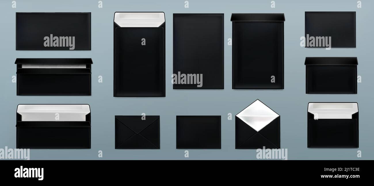 Black envelopes template set. Blank closed and open craft paper covers