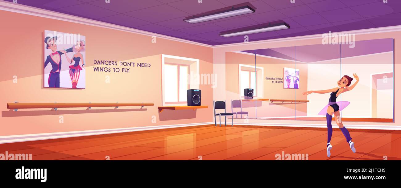 Ballet Lesson Room Ballerina dance in studio, ballet class with mirrors and wooden floor ...