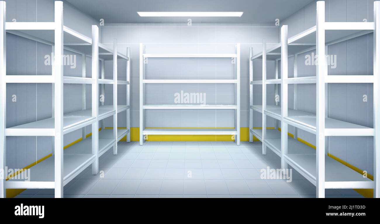 Cold room in warehouse with empty metal racks. Vector cartoon interior of industrial storage freezer with shelves, tiled walls and floor. Refrigerator Stock Vector