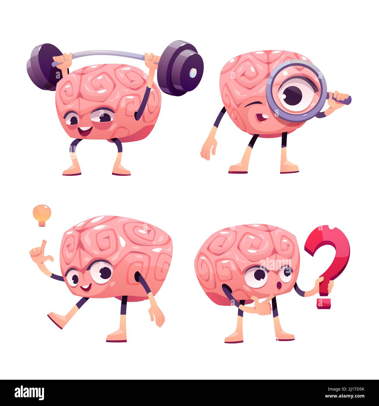 Brain characters, cute cartoon mascot with funny face exercising with barbell, look in loupe, have great idea, hold question mark. Happy, smiling emot Stock Vector