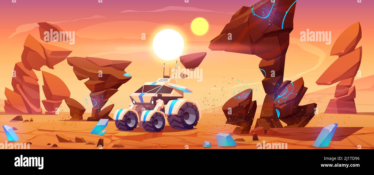 Mars rover on red planet surface explore alien landscape. Robotic ...