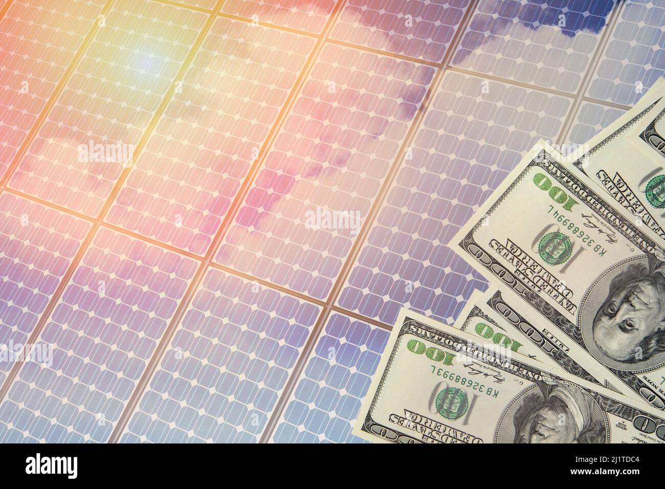 Blue sky background with white clouds, solar panel and cash money bill