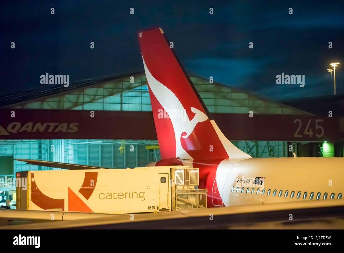 Qantas plane VH-EBF, Airbus A330-200 parked at Sydney Domestic Airport being restocked by a catering truck in the early morning predawn light Stock Photo