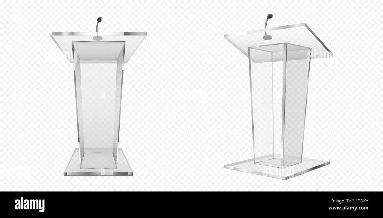 Glass pulpit, podium or tribune front side view. Rostrum stand with microphone for conference debates, trophy isolated on transparent background. Busi Stock Vector