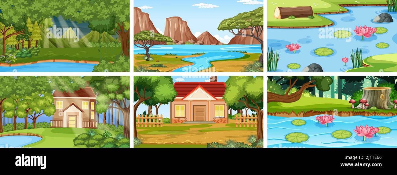 Nature scene with many trees and river illustration Stock Vector Image ...